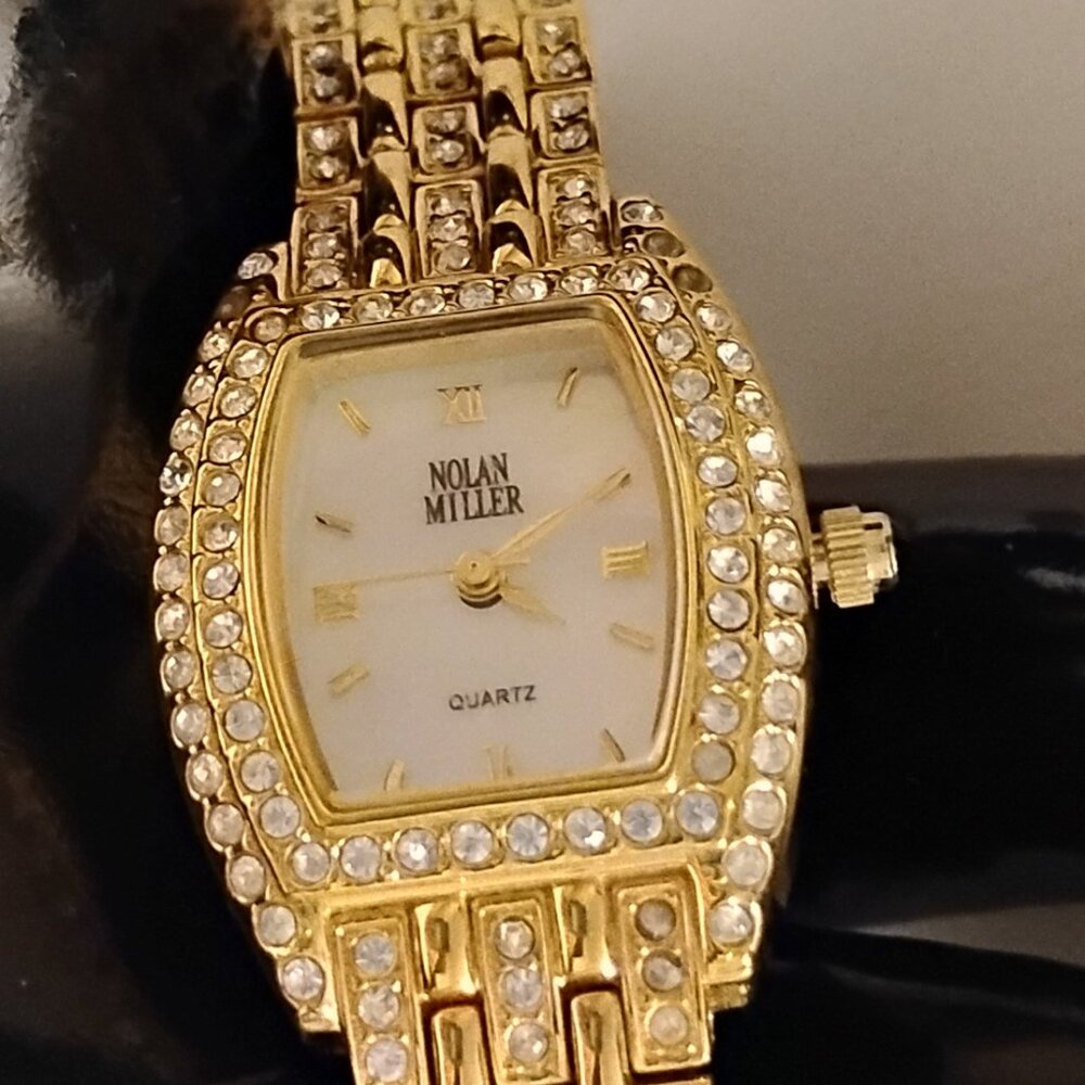 Nolan Miller Glamour Collection Crystal Gold Tone Quartz Watch.